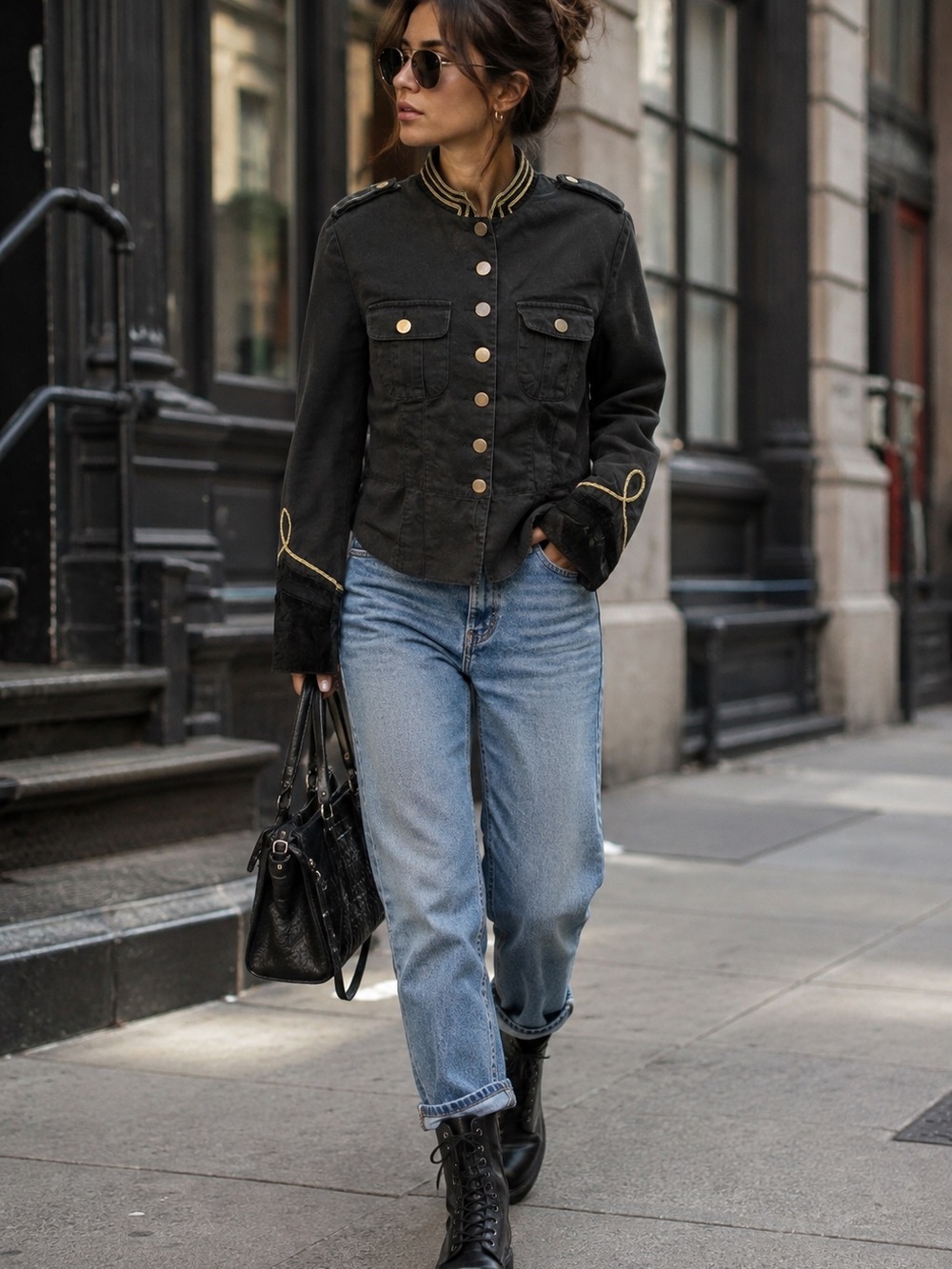 Black Military-Style Jacket with Gold Trim